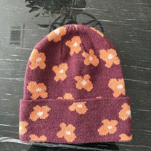 Floral Knit Beanie - Orange and Purple